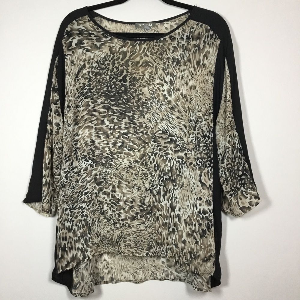 Sheer coverup animal print top 3/4 length sleeve beachy nightout lagenlook sz L